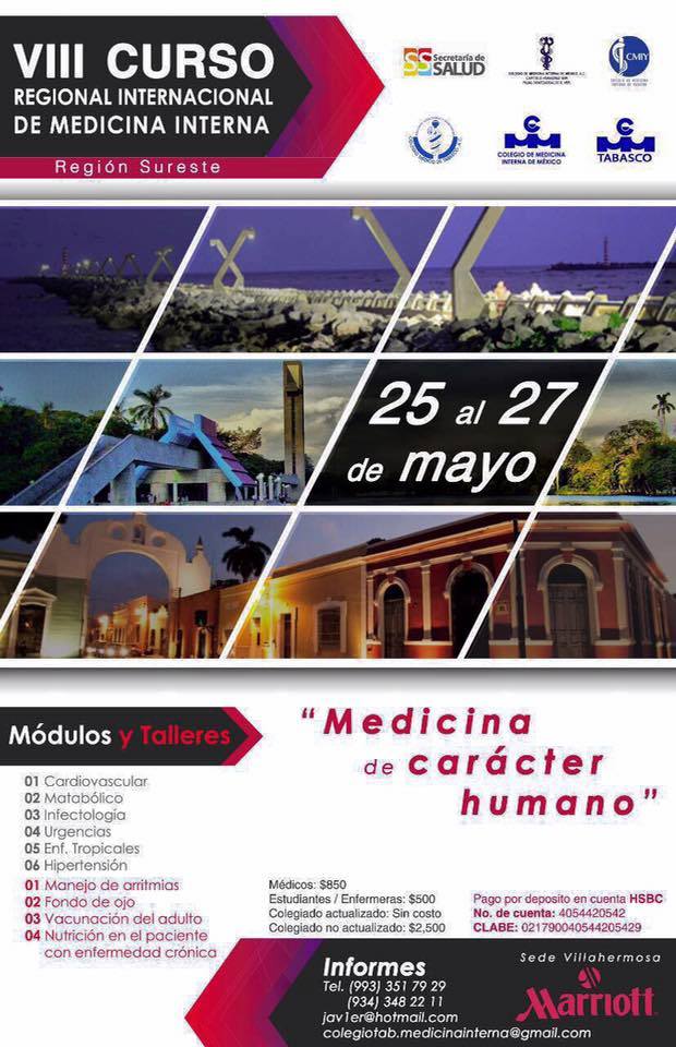 Invitan a médicos tabasqueños al 8º Curso Regional de Medicina Interna.