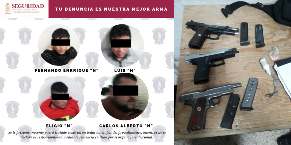 Cuatro masculinos portaban armas de fuego en el interior de comercio, fueron asegurados por Policías Estatales.